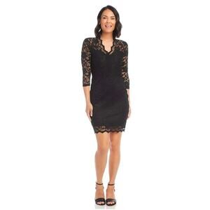 Karen‎ Kane Dress Large V Neck Scallop Hem Lace Solid Black Elegant NEW Mini